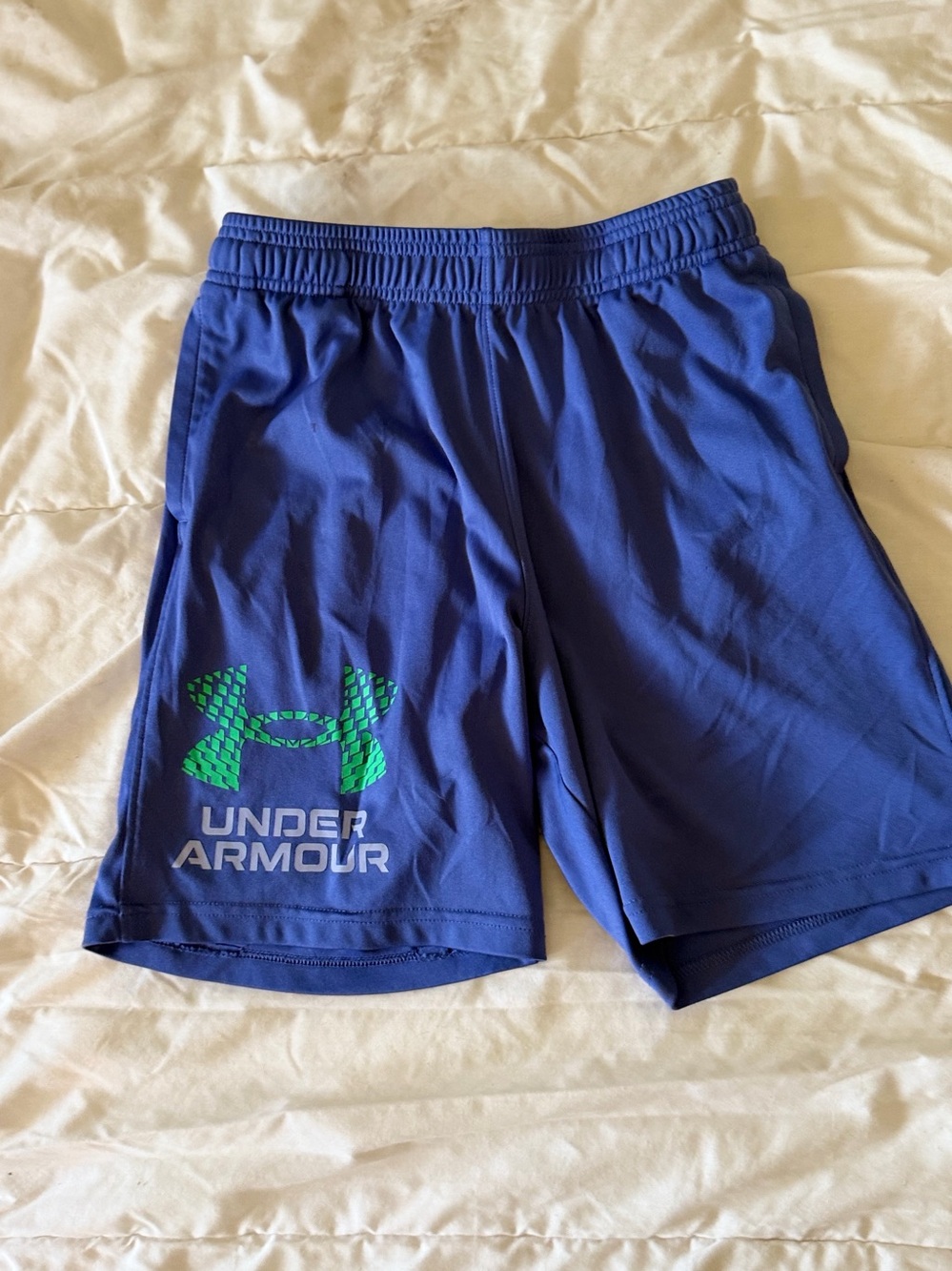Under Armour Men's Royal Blue Athletic Shorts with Green Logo